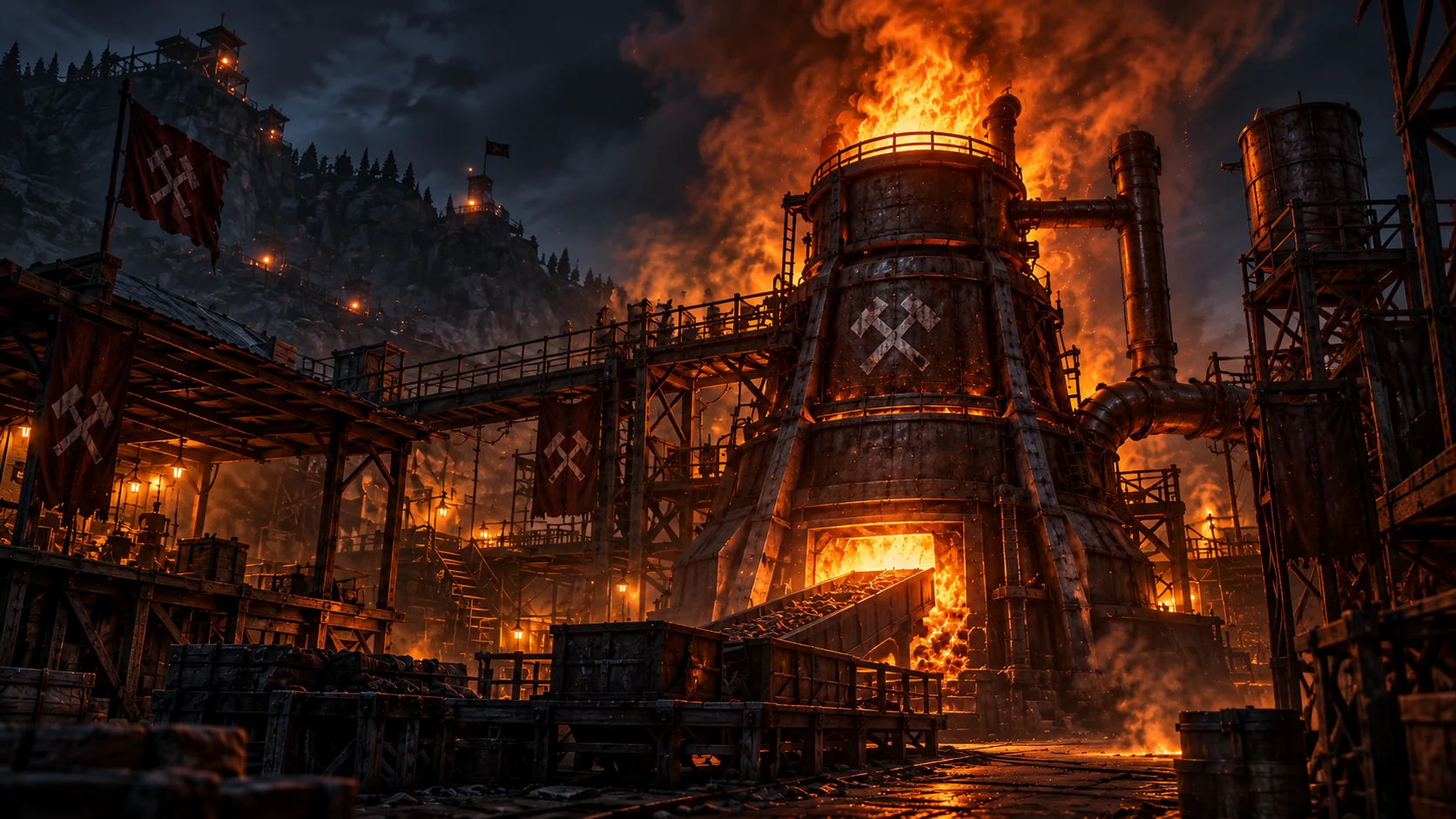 Industrial forge burning brightly at night