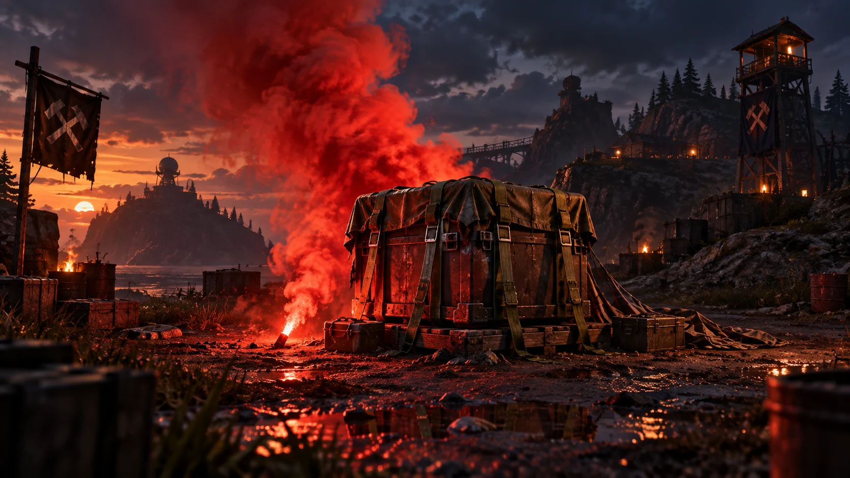 Supply crate arriving beneath red signal smoke